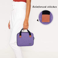Mini projector carrying bag in purple being held, showcasing reinforced stitches and stylish design.