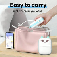 Bluetooth label printer in a bag, demonstrating easy portability and convenience for printing anytime.