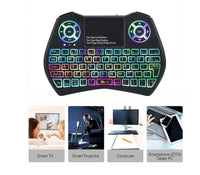 Keyboard mouse combo featuring mini wireless air mouse control and compatibility with smart devices.