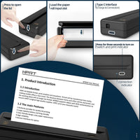 Compact thermal printer HPRT MT810 setup instructions with paper loading and connection details.