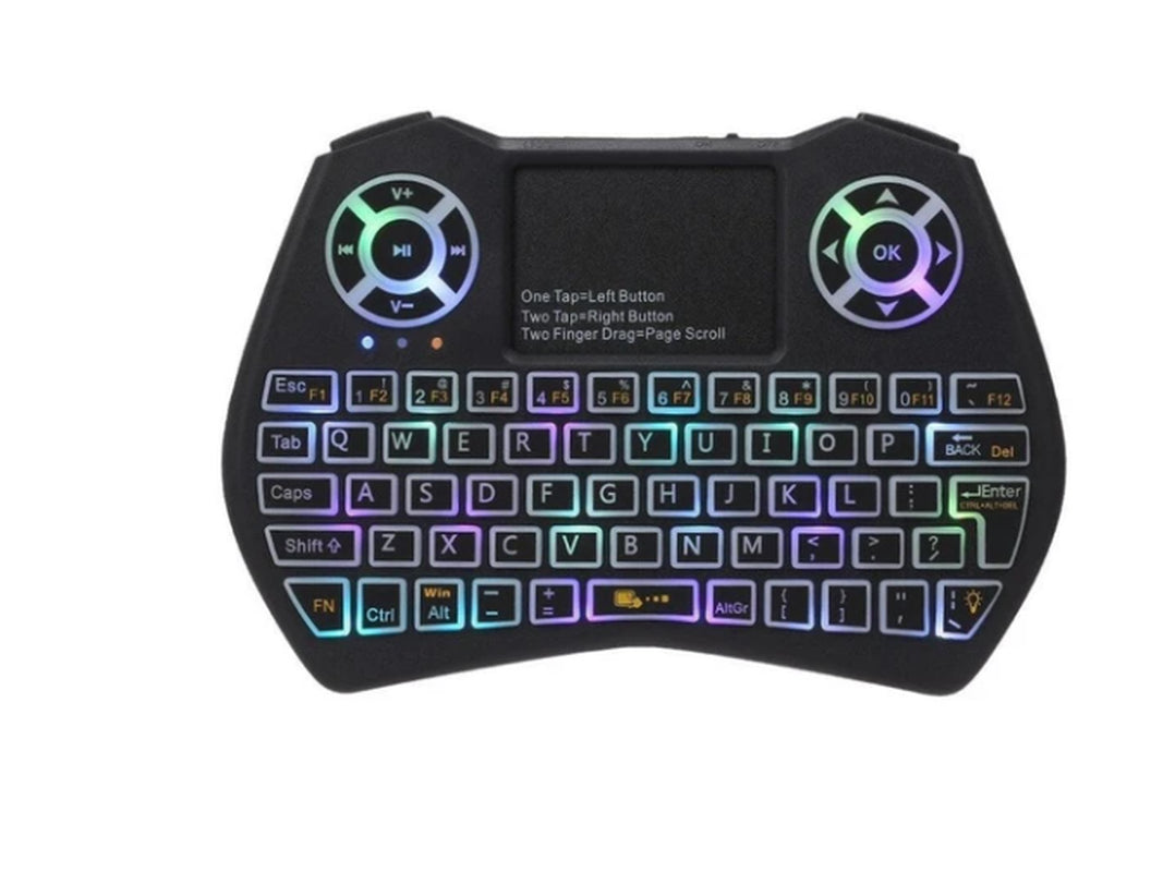 Compact keyboard mouse combo with wireless air mouse control and colorful backlit keys.