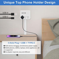 USB power strip with 3-hole plug, USB-A, and USB-C ports, designed for easy charging and organization in homes and offices.