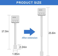 USB power strip showing product size dimensions before and after extension.