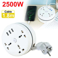 Power strip with USB ports and 2500W capacity, featuring 1.8m cable and smartphone charging capability.