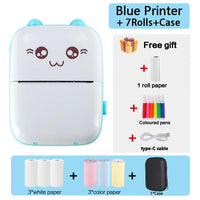 Bluetooth label printer in blue with a cute design, includes case, paper rolls, colored pens, and type-C cable.
