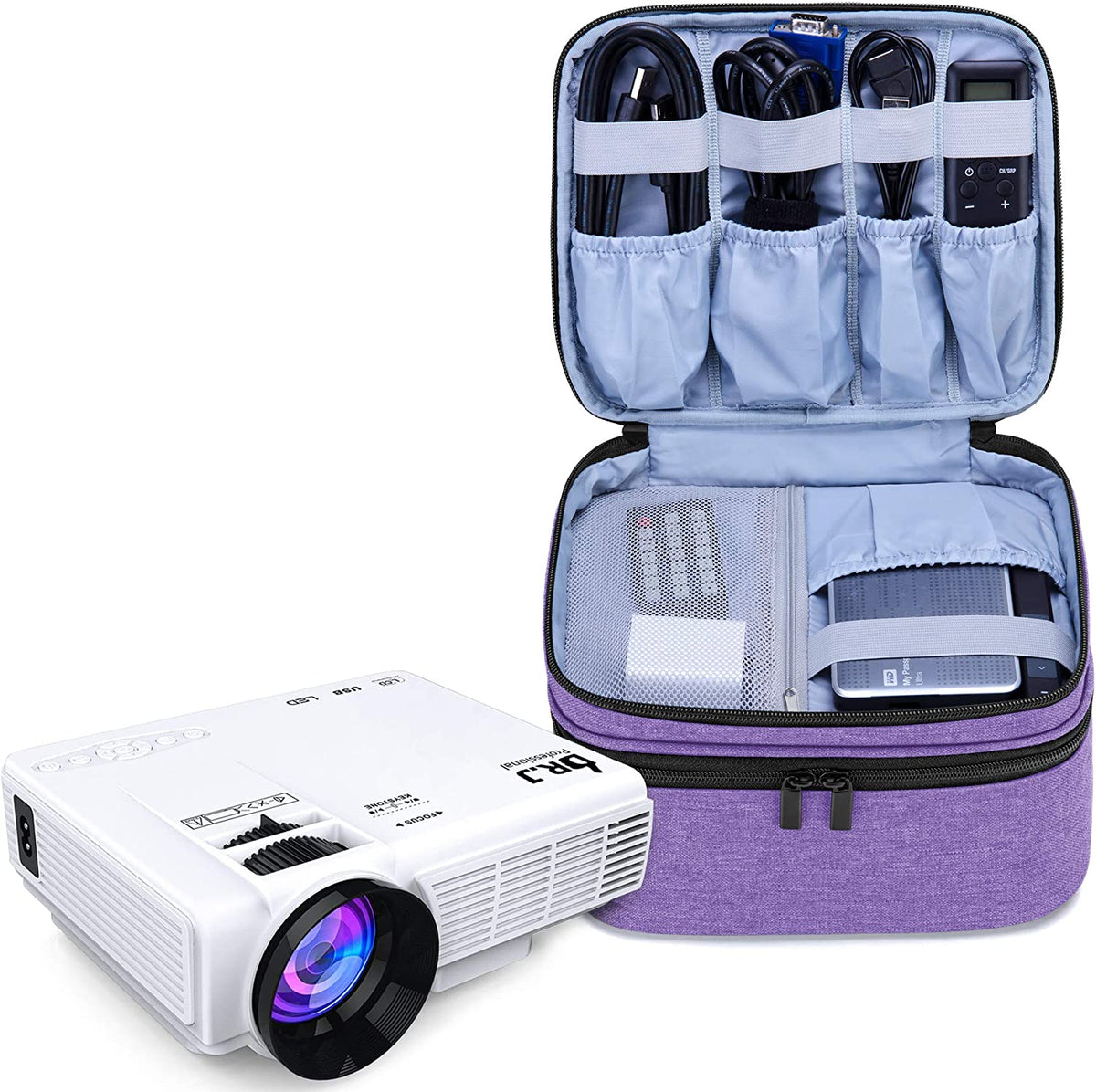 Mini projector carrying bag for DR.J projectors in purple with compact design for storing projector and accessories.