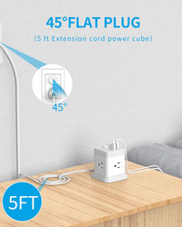 Extension cord with USB ports showcasing 45° flat plug and 5 ft cable on a wooden table.