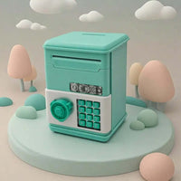 Mini ATM piggy bank with password lock set against a whimsical background of pastel trees and clouds.