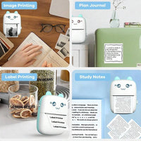 Bluetooth label printer in use for image printing, label printing, and study notes on various surfaces.
