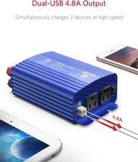 Automotive power inverter with dual-USB 4.8A output, charging two devices simultaneously at high speed.