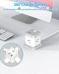 Extension cord with USB ports featuring 360° charge outlets and compact design for better organization.