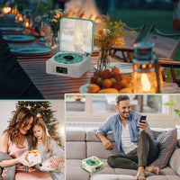 Mini Bluetooth speaker on a dining table and featured in cozy family scenes, showcasing retro design and versatility.