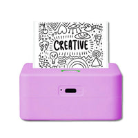 Portable thermal printer in purple with printed creative black and white design.