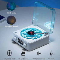 Mini Bluetooth speaker with retro design, displaying RGB mode and white noise features for versatile use.