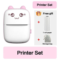 Bluetooth label printer in a cute cat design with a free gift, roll paper, and storage bag included.