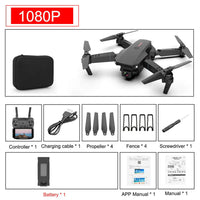 4K camera drone E88 Pro accessory kit including controller, charging cable, propellers, and battery.