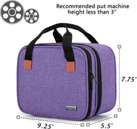 Mini projector carrying bag in purple, designed for DR.J projectors, showing dimensions and storage features.