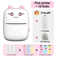Bluetooth label printer in pink with 10 rolls of paper and a free gift storage bag.