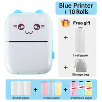 Bluetooth label printer in blue color with 10 rolls of paper and storage bag, perfect for inkless printing.