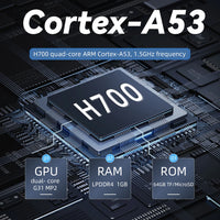 H700 quad-core ARM Cortex-A53 processor with specifications of RAM and ROM for portable gaming device.