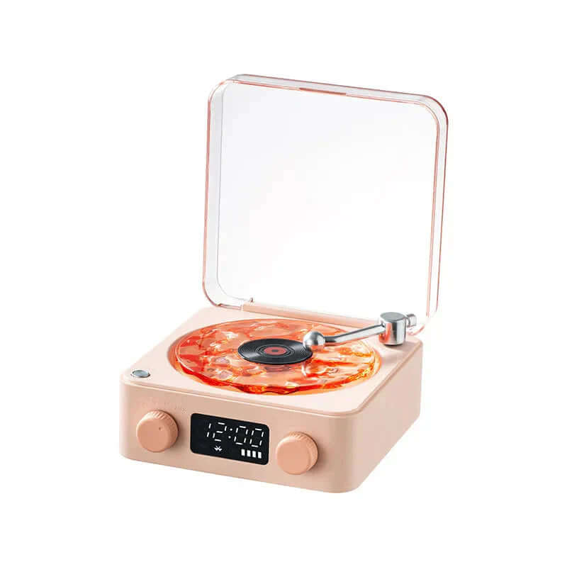 Mini Bluetooth speaker with retro design simulating a turntable, perfect for compact audio enjoyment.
