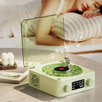 Mini Bluetooth speaker with retro design and white noise functionality in an elegant setting.