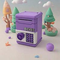 Mini ATM piggy bank designed for kids to save coins and bills in a fun and interactive way.