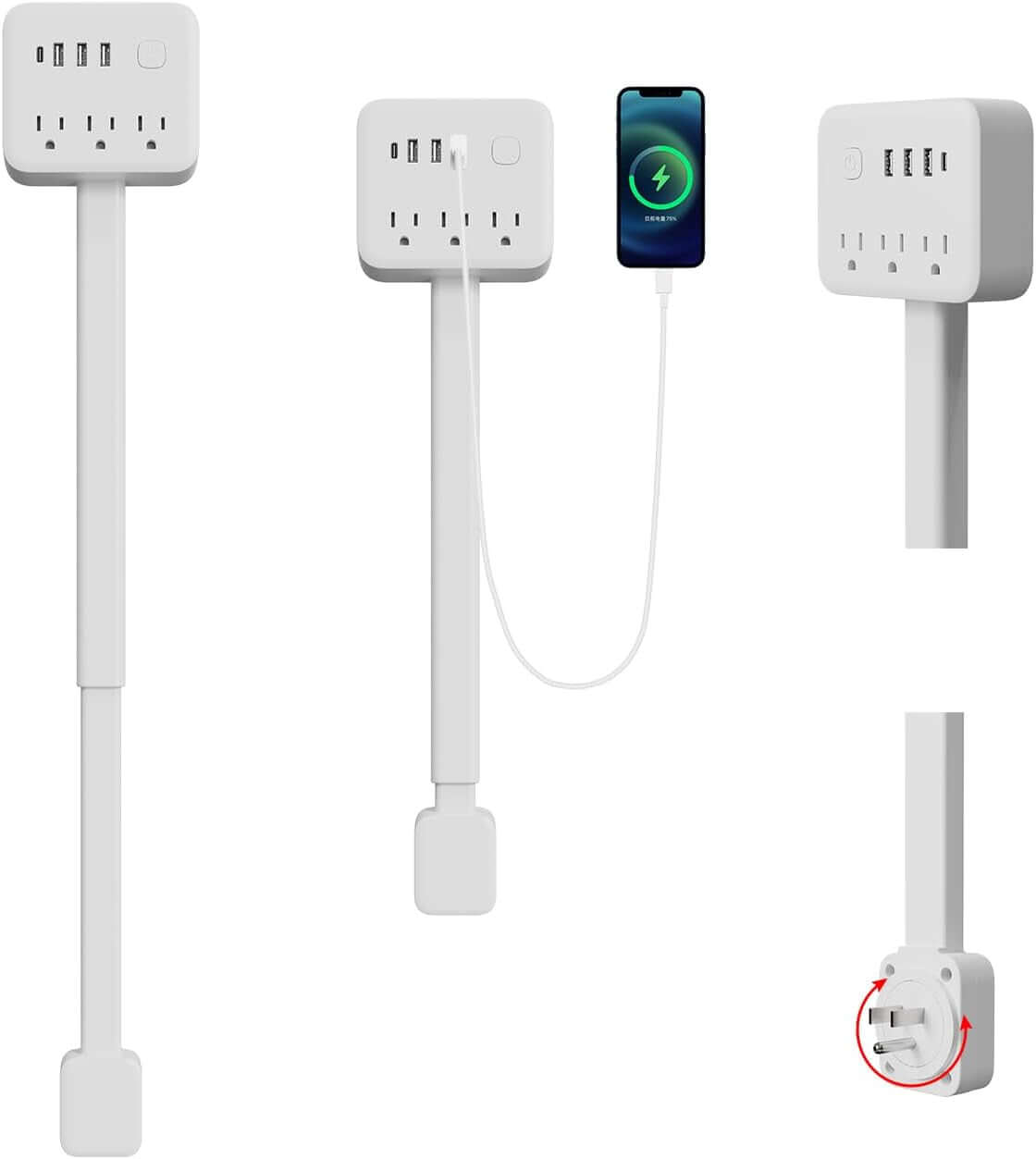 USB power strip for home, office, and travel with multiple outlets and USB ports for convenient charging.