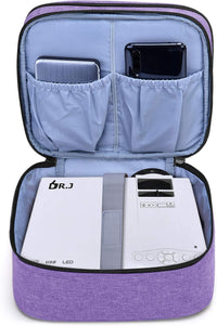 Mini projector carrying bag for DR.J projectors, featuring a purple exterior and storage compartments for accessories.