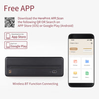 Compact thermal printer with HerePrint app instructions and wireless Bluetooth functionality.