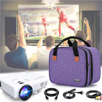 Mini projector carrying bag for DR.J projectors in purple, with compatible projector and accessories displayed.