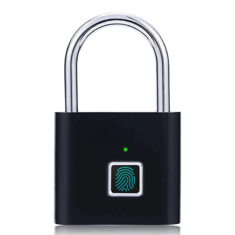 Fingerprint padlock with fingerprint sensor and metallic shackle for keyless security access.