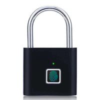 Fingerprint padlock with fingerprint sensor and metallic shackle for keyless security access.
